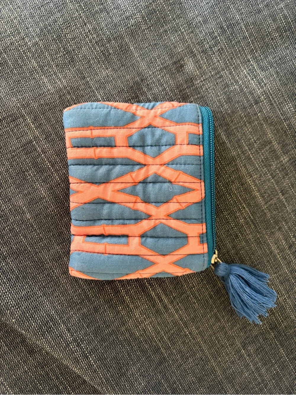 Quilted Blue and Coral Zip Card Holder with Tassel